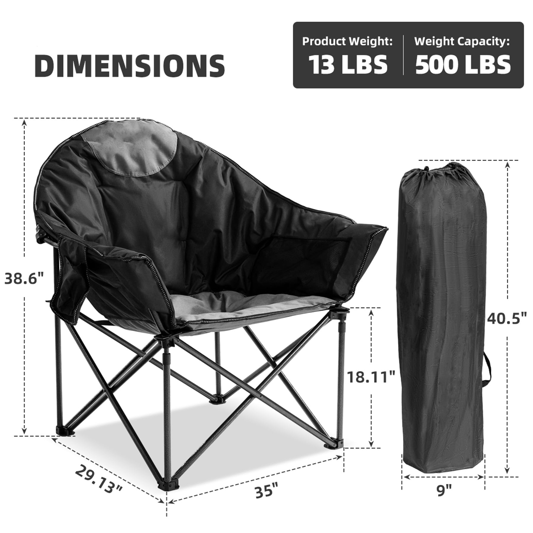 Oversized Heavy Duty Moon Saucer Camping Chair 500 lbs with Cup Holder Storage Pocket and Carry Bag