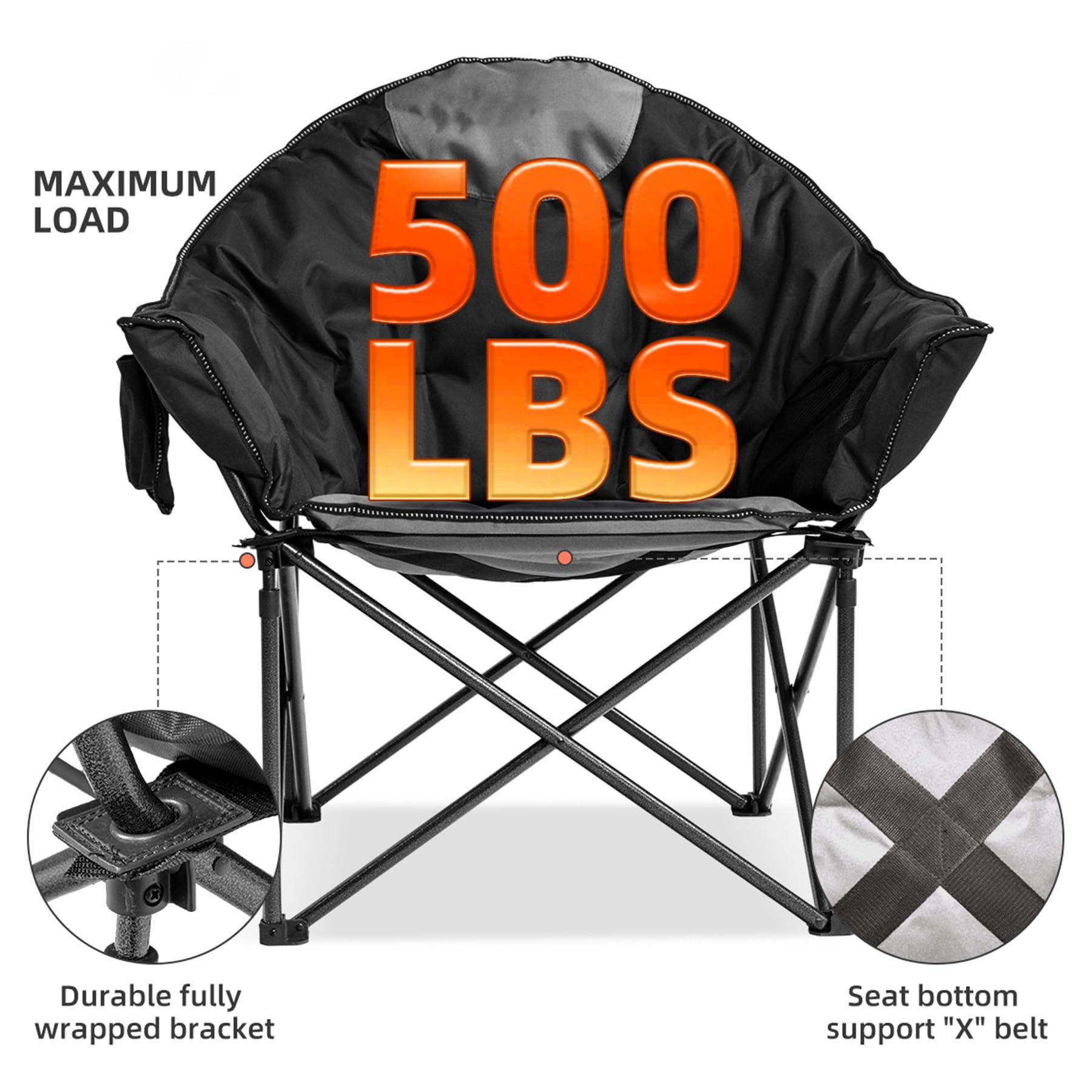Oversized Heavy Duty Moon Saucer Camping Chair 500 lbs with Cup Holder Storage Pocket and Carry Bag