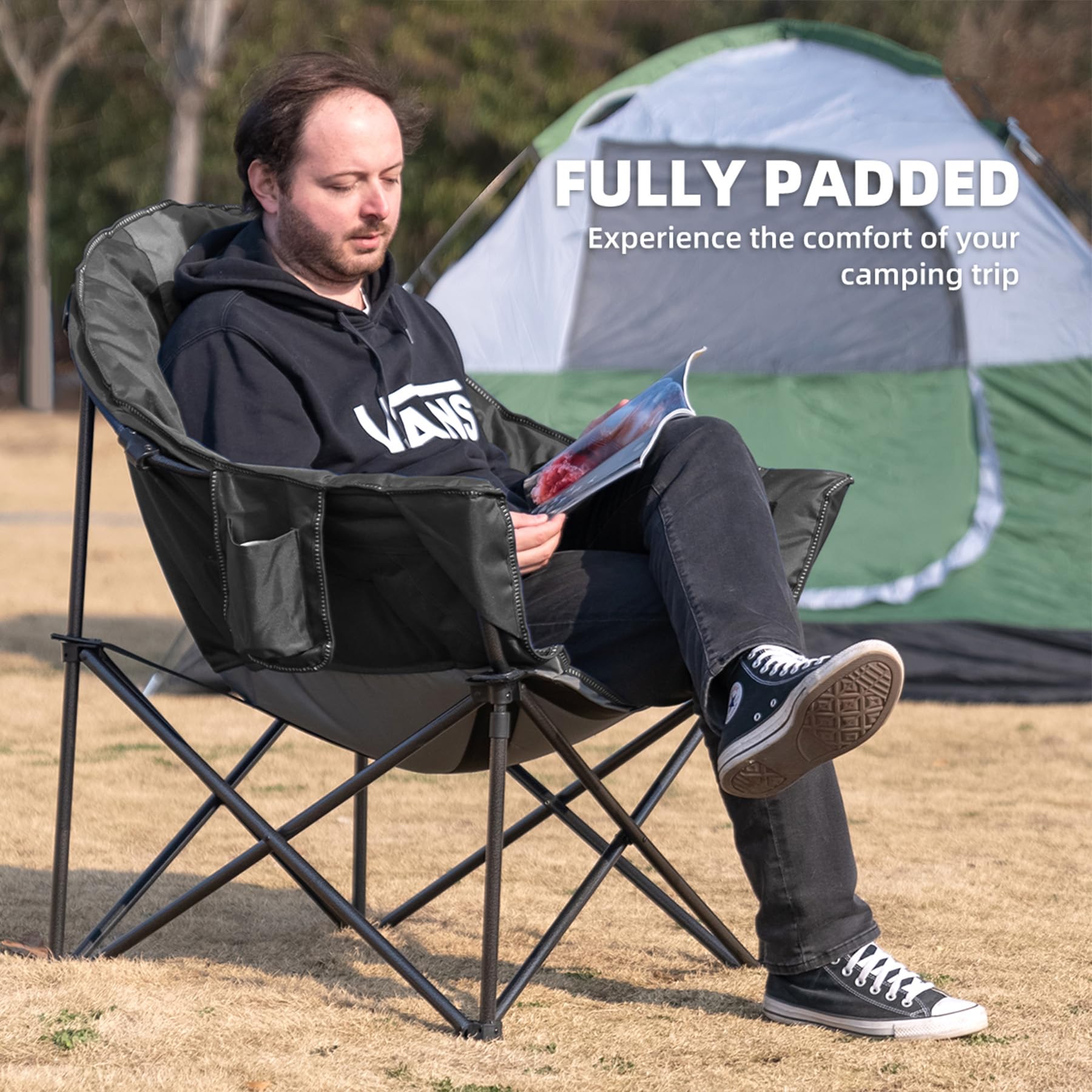 Oversized Heavy Duty Moon Saucer Camping Chair 500 lbs with Cup Holder Storage Pocket and Carry Bag