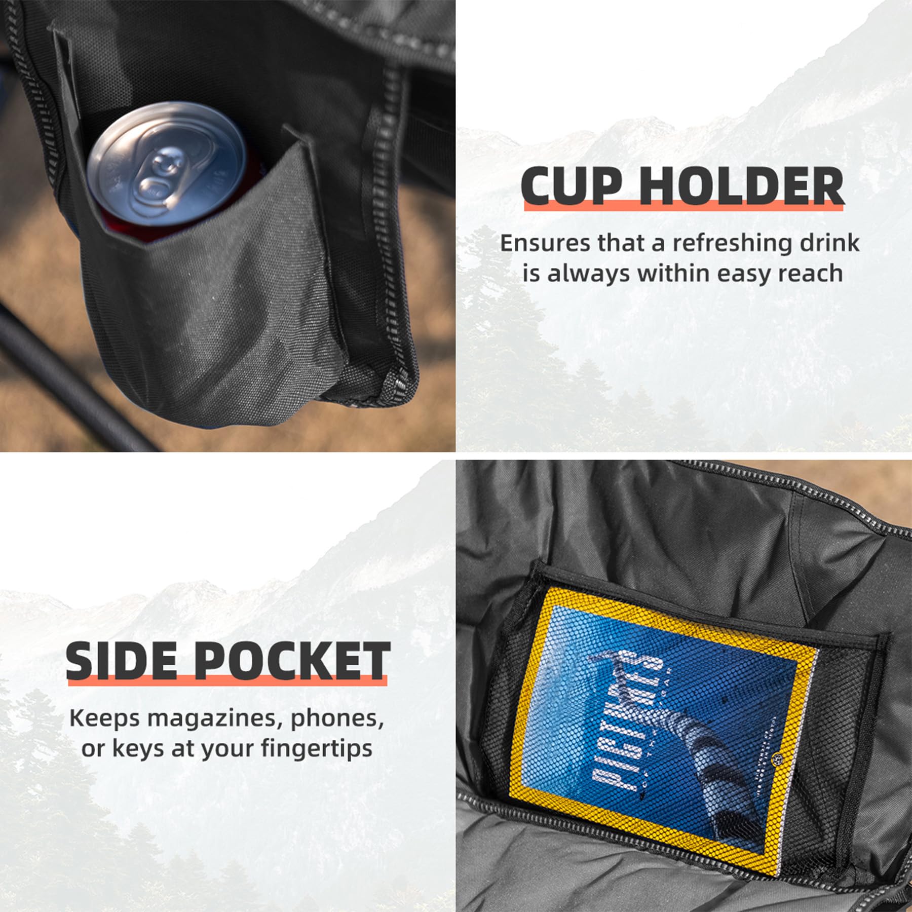 Oversized Heavy Duty Moon Saucer Camping Chair 500 lbs with Cup Holder Storage Pocket and Carry Bag