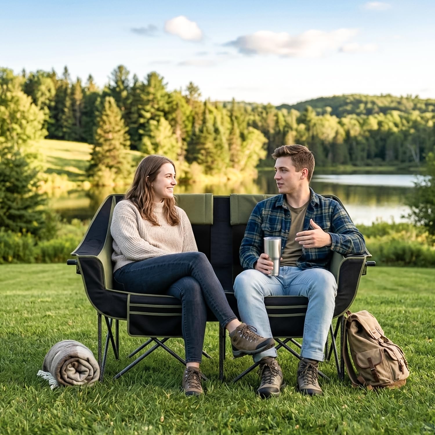 Oversized Heavy Duty Folding Camping Chair for Two Adults Loveseat with Cup Holders Storage Pockets and Carry Bag 660 lbs