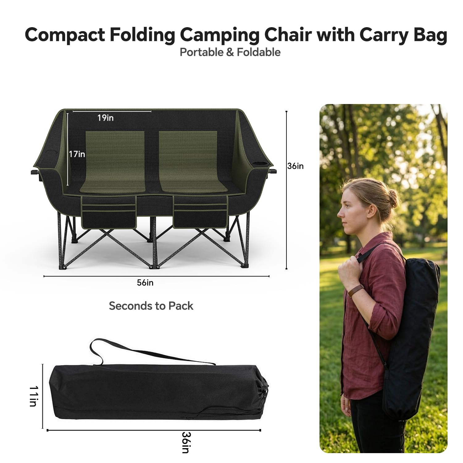 Oversized Heavy Duty Folding Camping Chair for Two Adults Loveseat with Cup Holders Storage Pockets and Carry Bag 660 lbs