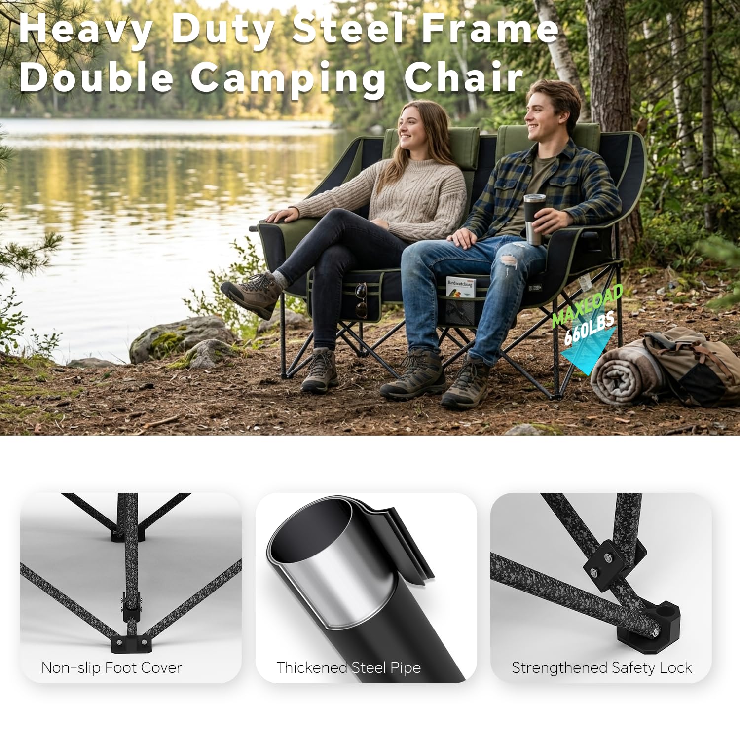 Oversized Heavy Duty Folding Camping Chair for Two Adults Loveseat with Cup Holders Storage Pockets and Carry Bag 660 lbs