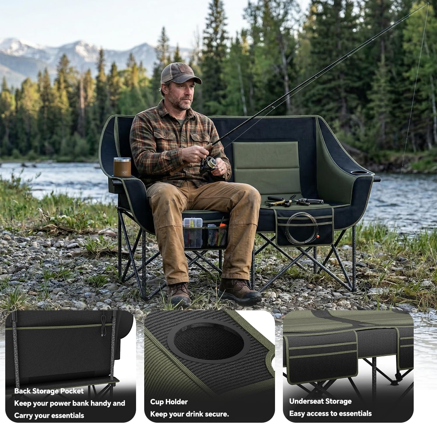 Oversized Heavy Duty Folding Camping Chair for Two Adults Loveseat with Cup Holders Storage Pockets and Carry Bag 660 lbs