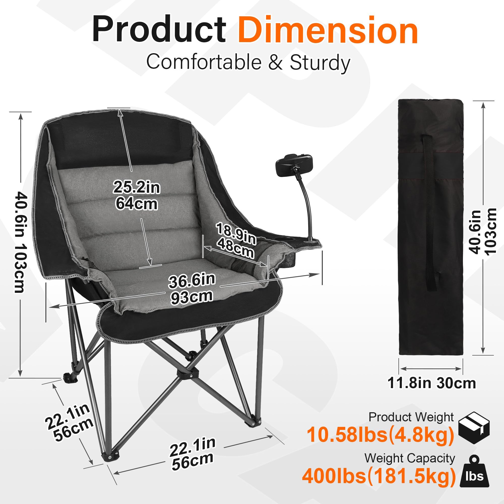 Oversized Folding Camping Chair for Adults Heavy Duty 400 lbs with Cup Holder Phone Holder and Side Pocket