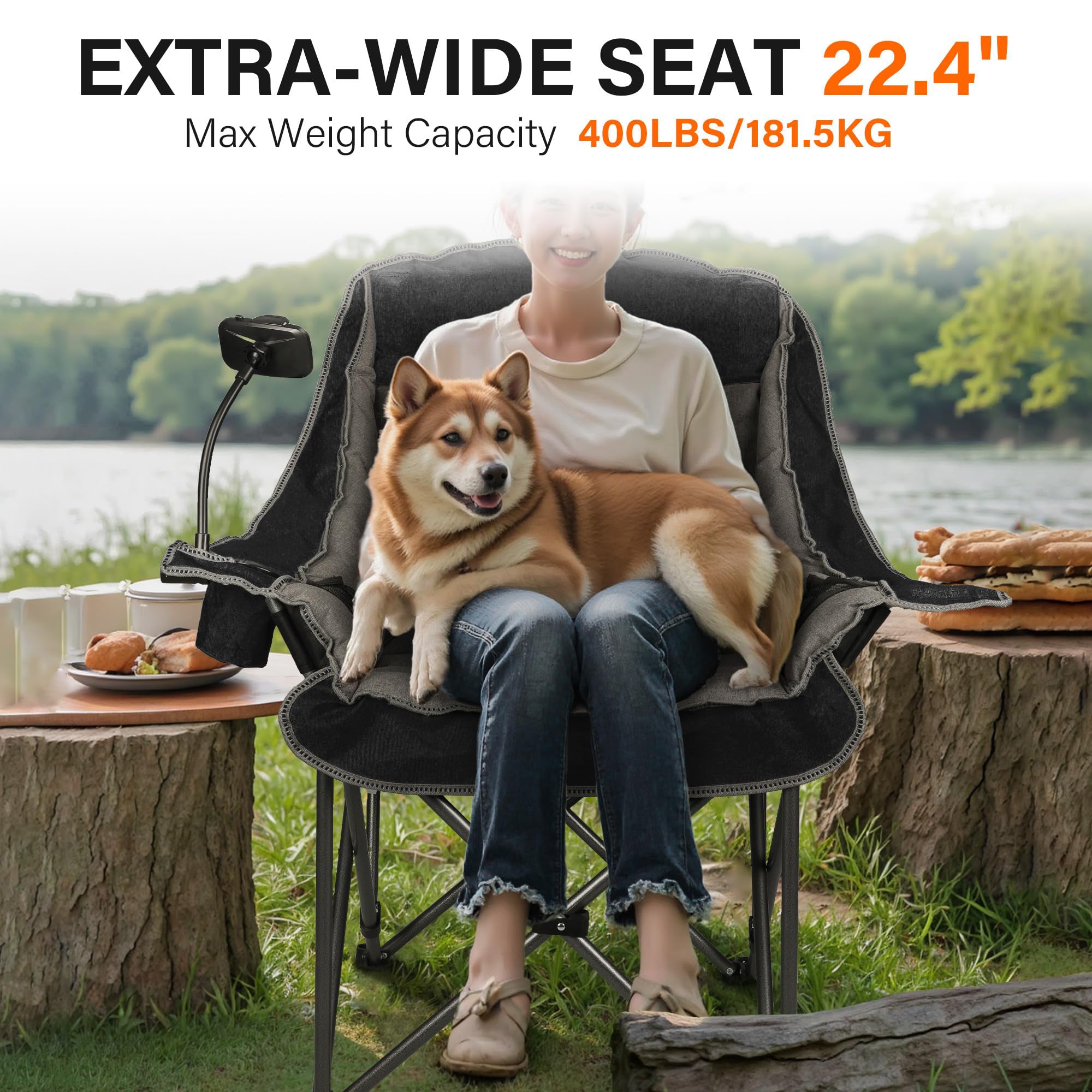 Oversized Folding Camping Chair for Adults Heavy Duty 400 lbs with Cup Holder Phone Holder and Side Pocket