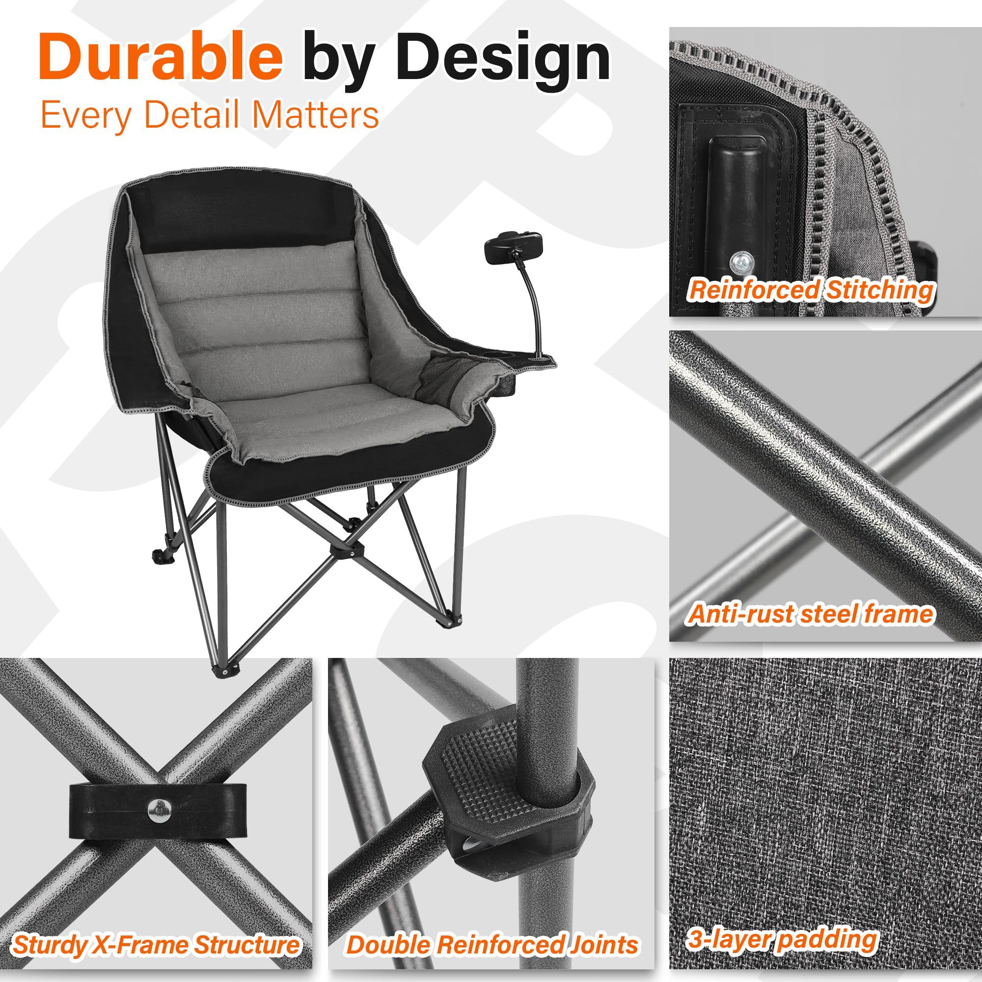 Oversized Folding Camping Chair for Adults Heavy Duty 400 lbs with Cup Holder Phone Holder and Side Pocket