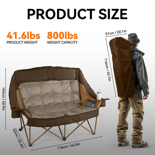 High Back Double Camping Chair for Two Adults Low Seat Folding Loveseat with Cup Holders and Carry Bag 650 lbs
