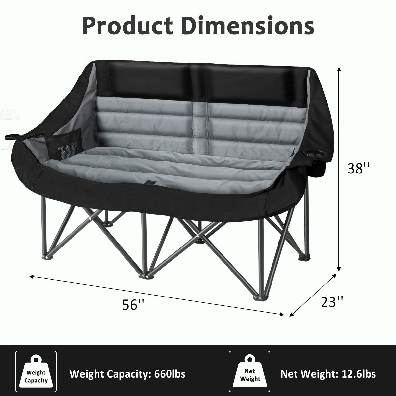 Oversized Double Camping Chair for Two Adults Folding Padded Loveseat with Cup Holders and Carry Bag 660 lbs