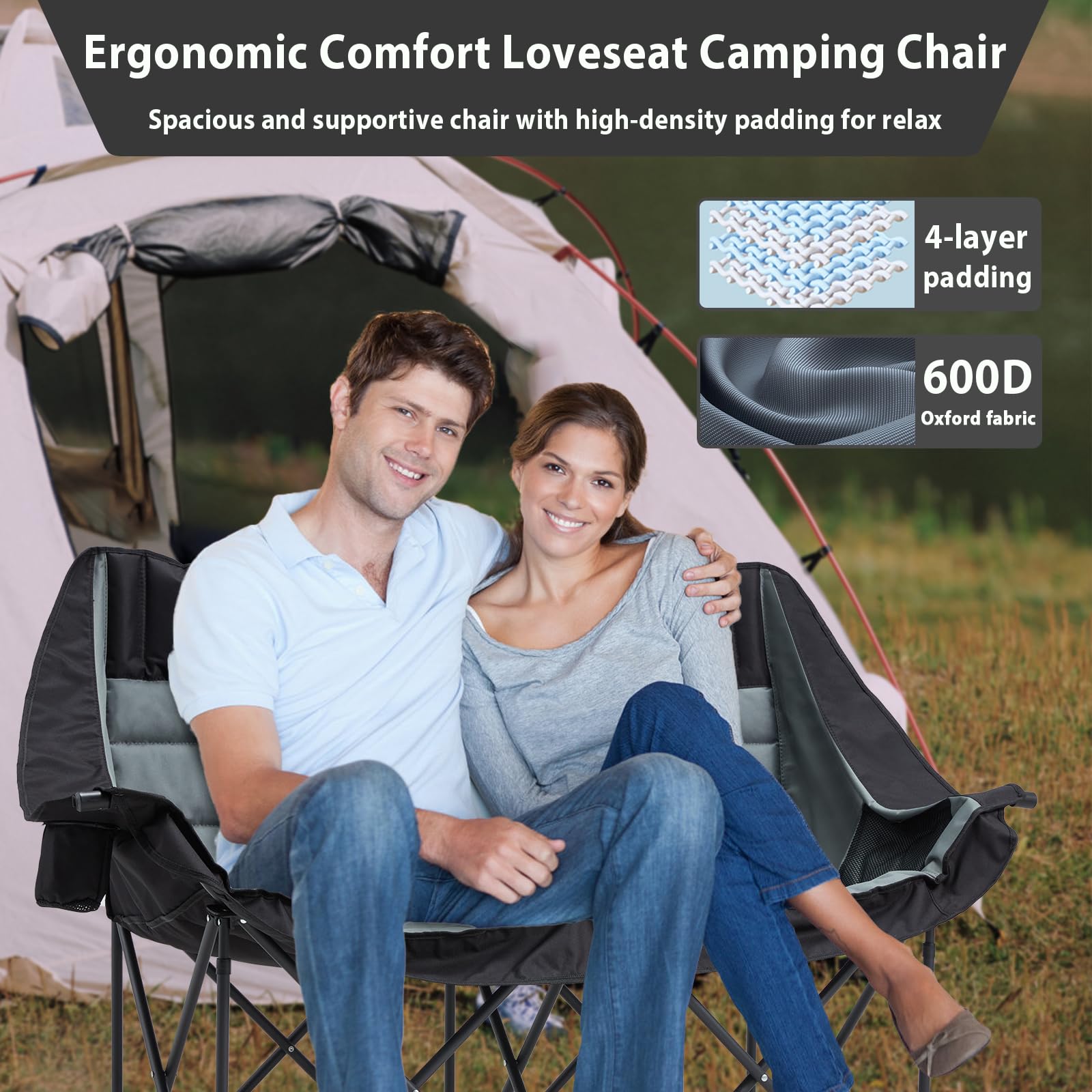 Oversized Double Camping Chair for Two Adults Folding Padded Loveseat with Cup Holders and Carry Bag 660 lbs