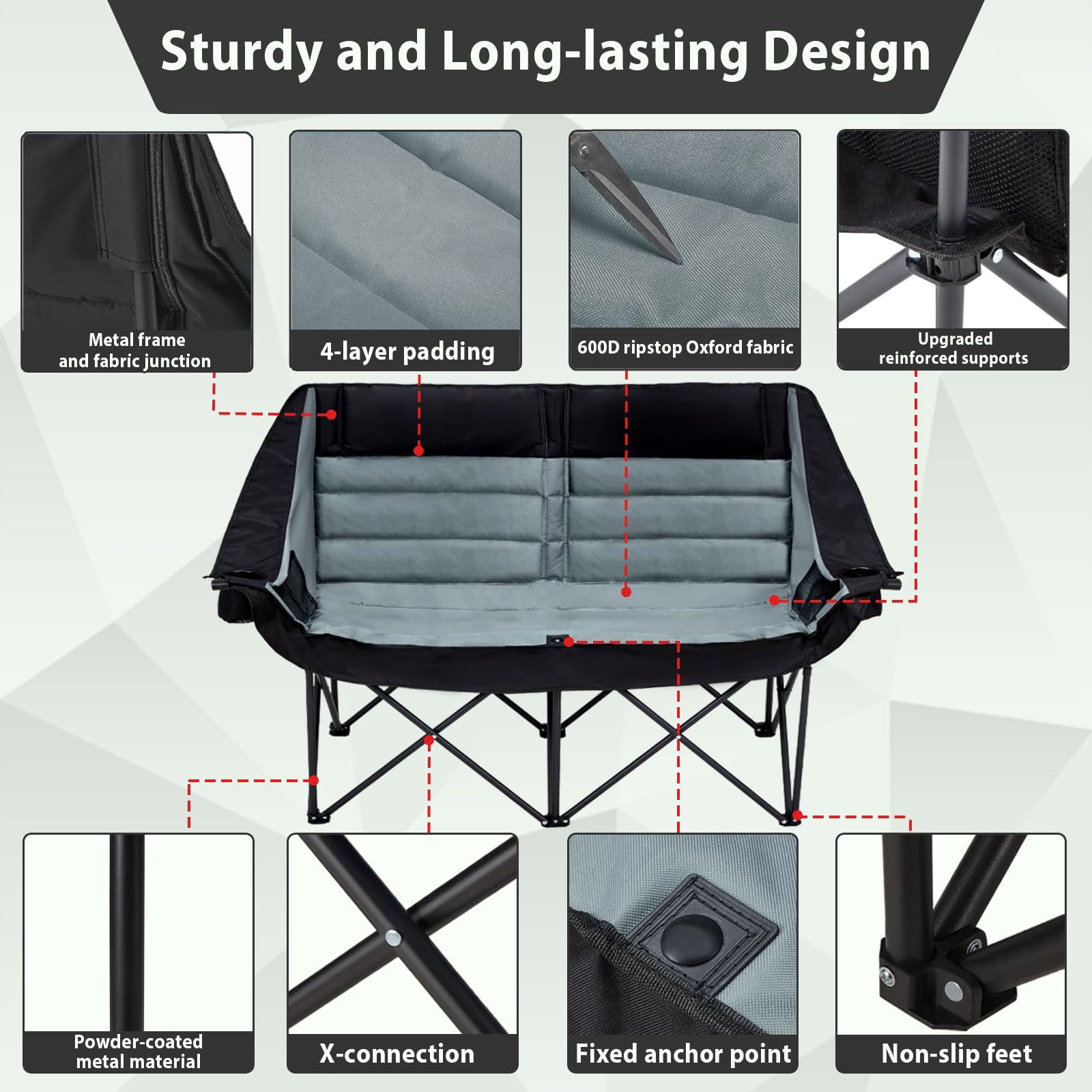 Oversized Double Camping Chair for Two Adults Folding Padded Loveseat with Cup Holders and Carry Bag 660 lbs