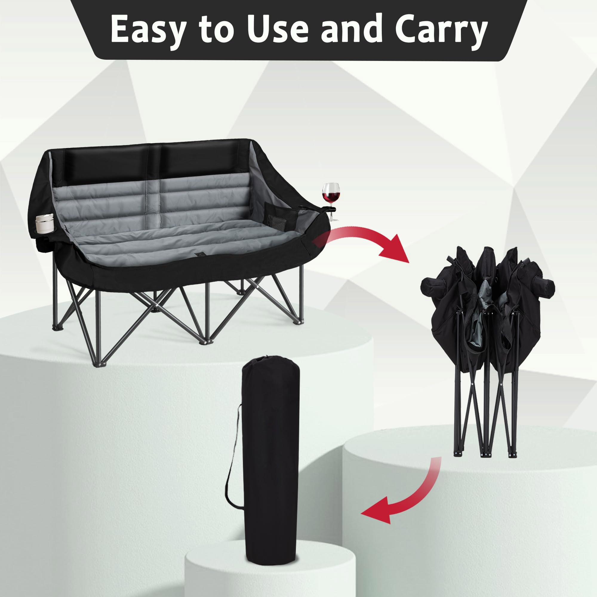 Oversized Double Camping Chair for Two Adults Folding Padded Loveseat with Cup Holders and Carry Bag 660 lbs