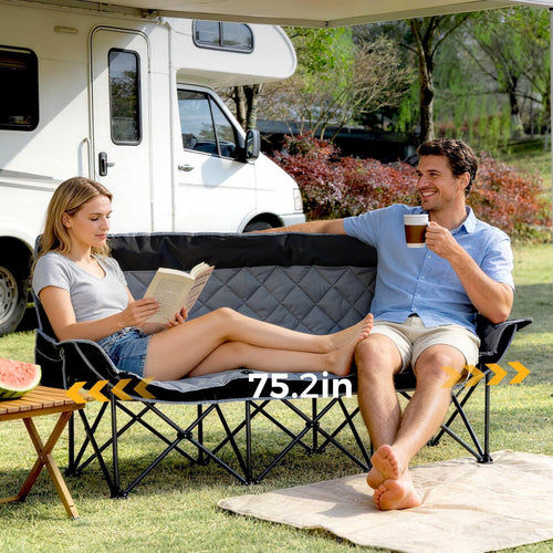 Oversized 3 Person Camping Chair Folding Padded Loveseat with Cup Holders and Carry Bag