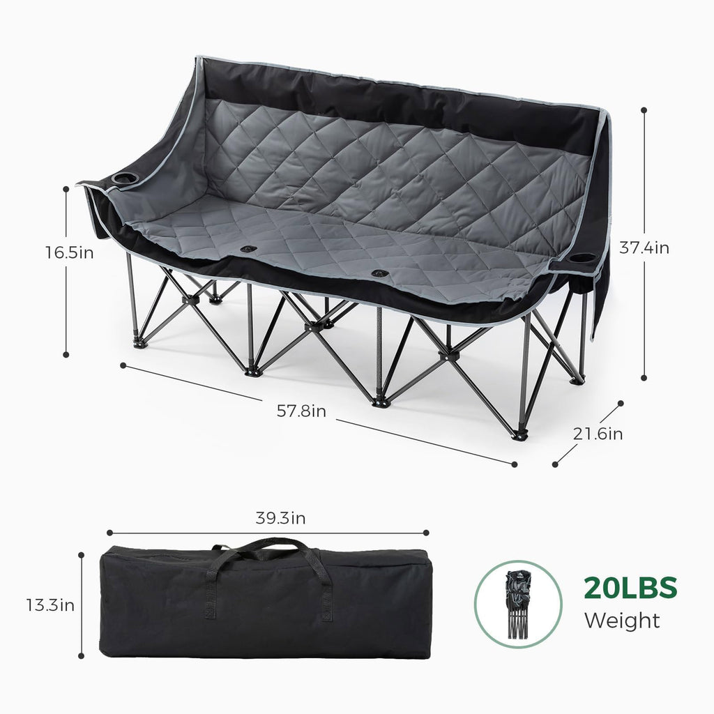 Oversized 3 Person Camping Chair Folding Padded Loveseat with Cup Holders and Carry Bag