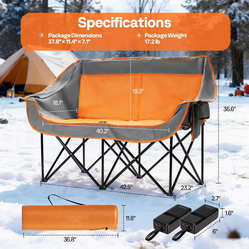 Heated Double Camping Chair Folding Padded Loveseat with Power Banks and Cup Holders