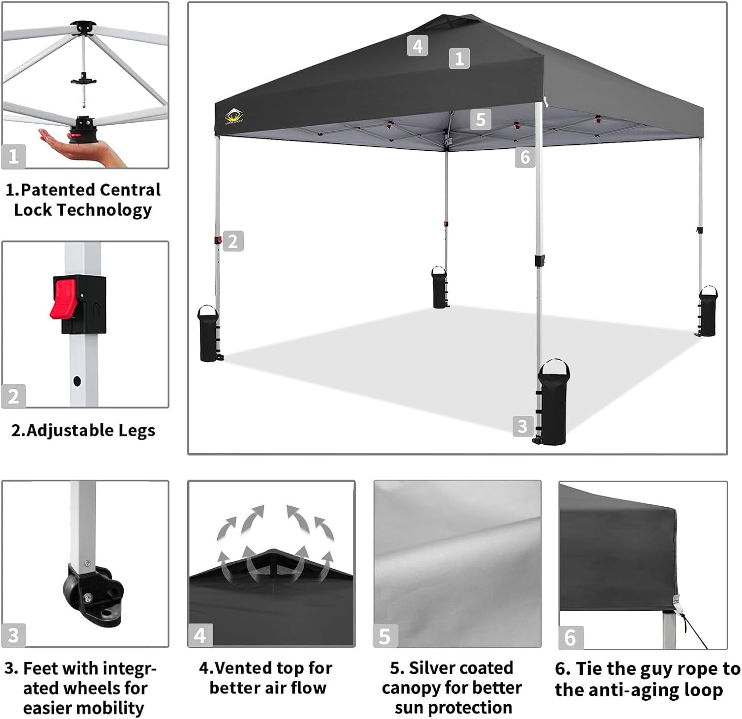 10x10 Pop-Up Awning - One-Click Installation Beach Tent - Outdoor Sunshade Silver Coated Top, 3 Heights and 4 Sand Pockets wourant