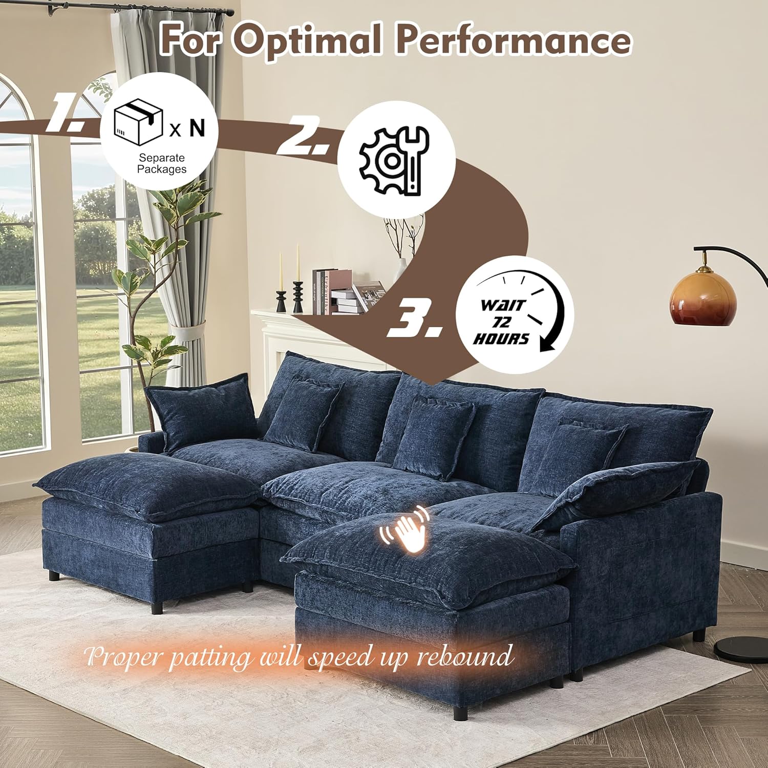 108" U Shaped Couch, Modular Sectional Sofa, 3-Seater Comfy Cloud Couch with Movable Ottoman, Deep Seat Couches for Living Room, Chenille, Slate wourant
