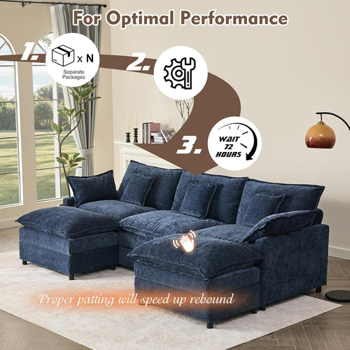 108" U Shaped Couch, Modular Sectional Sofa, 3-Seater Comfy Cloud Couch with Movable Ottoman, Deep Seat Couches for Living Room, Chenille, Slate wourant