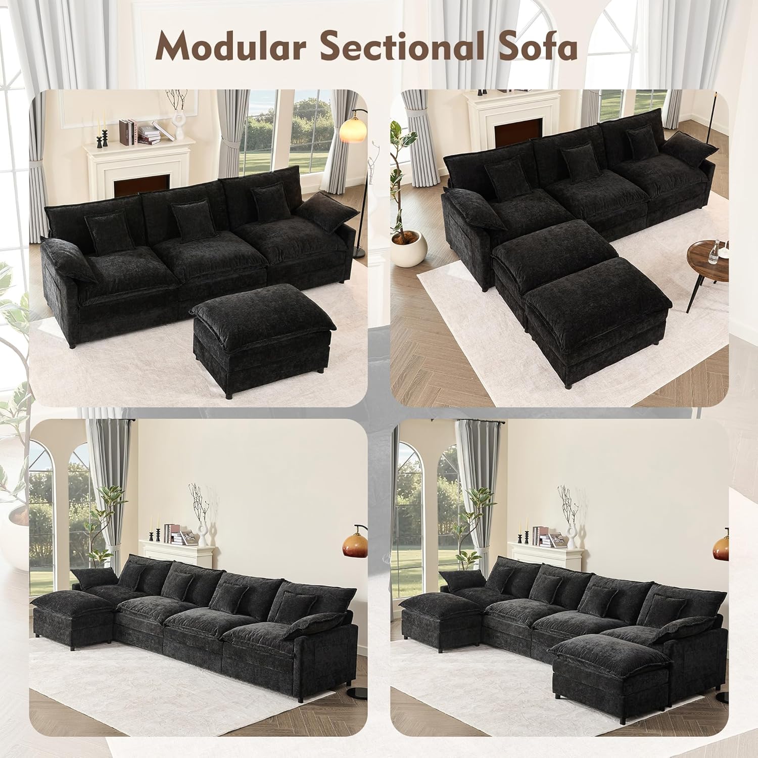108" U Shaped Couch, Modular Sectional Sofa, 3-Seater Comfy Cloud Couch with Movable Ottoman, Deep Seat Couches for Living Room, Linen, Beige wourant