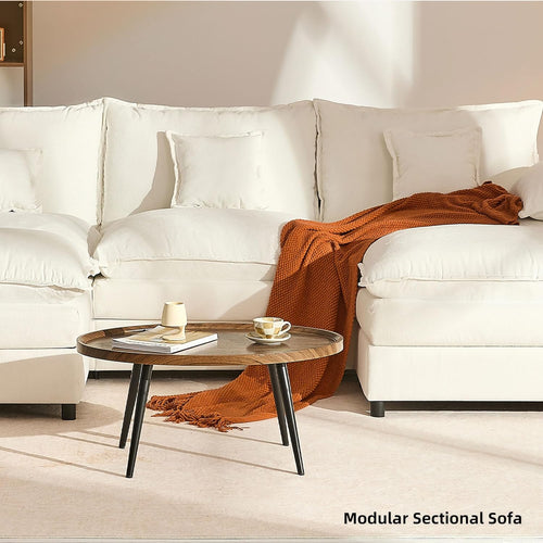 108" U Shaped Couch, Modular Sectional Sofa, 3-Seater Comfy Cloud Couch with Movable Ottoman, Deep Seat Couches for Living Room, Linen, Beige wourant