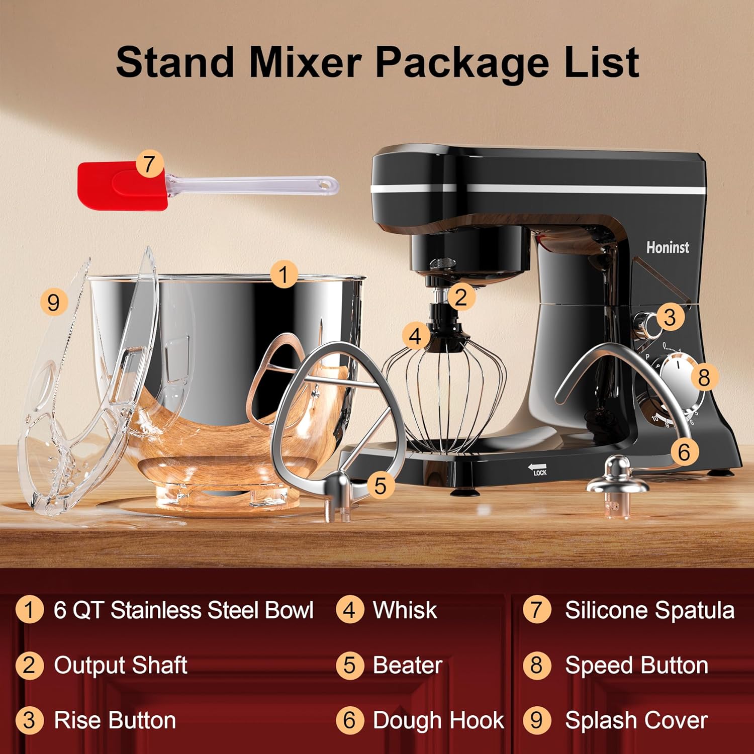 10-Speed Stand Mixer with 8-in-1 Splash Guard, Tilt Head, 6-Quart Stainless Steel Bowl + Dishwasher-Safe Dough Hook/Whisk/Blender/Scraper wourant