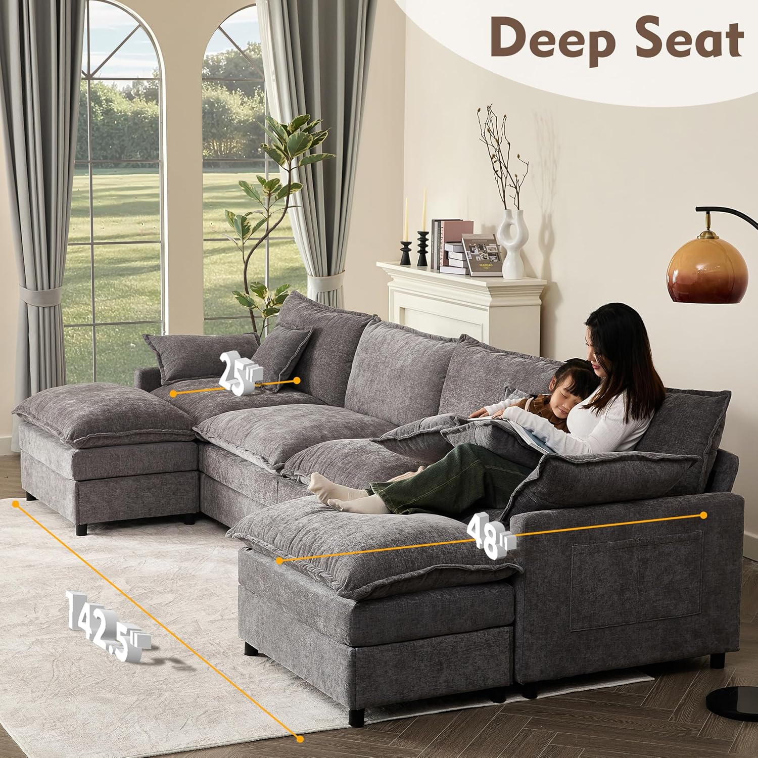 108 Inch U Shape Sofa Sectional Sofa Comfortable Cloud Sofa with Removable Footstool wourant