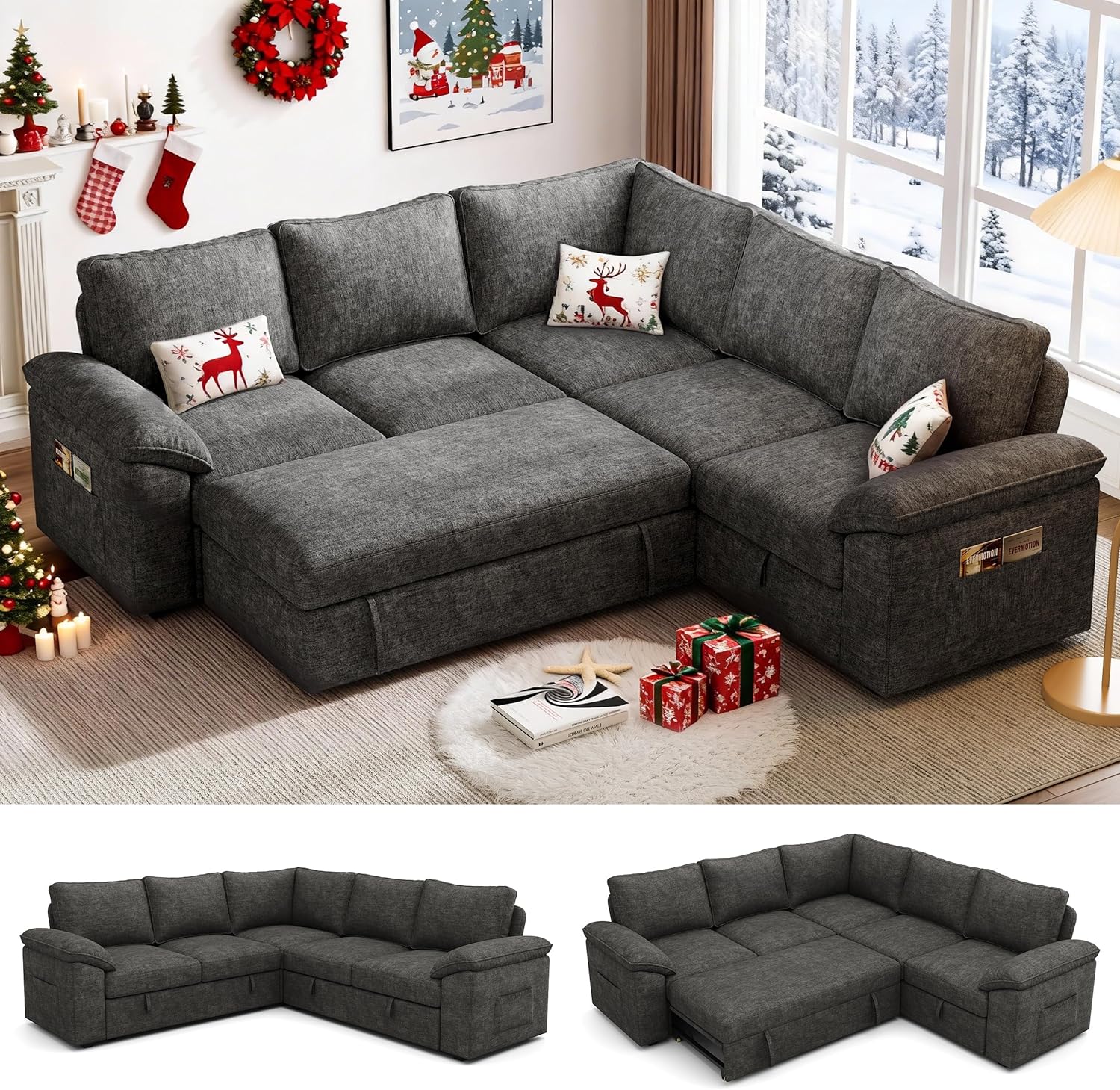 108 Inch Sectional Sleeper Sofa with Pull Out Bed, U Shaped 7 Seat Modular Sectional Sofa wourant