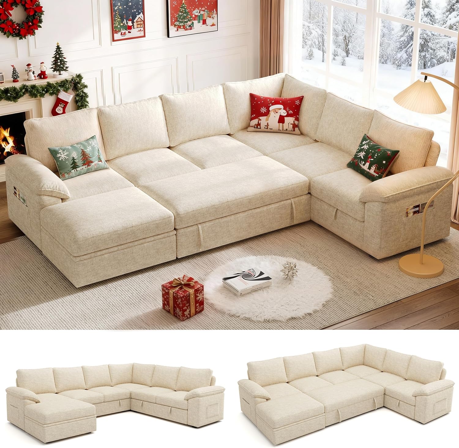 108 Inch Sectional Sleeper Sofa with Pull Out Bed, U Shaped 7 Seat Modular Sectional Sofa wourant