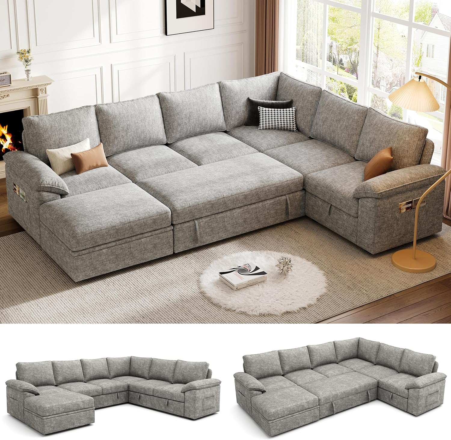 108 Inch Sectional Sleeper Sofa with Pull Out Bed, U Shaped 7 Seat Modular Sectional Sofa wourant